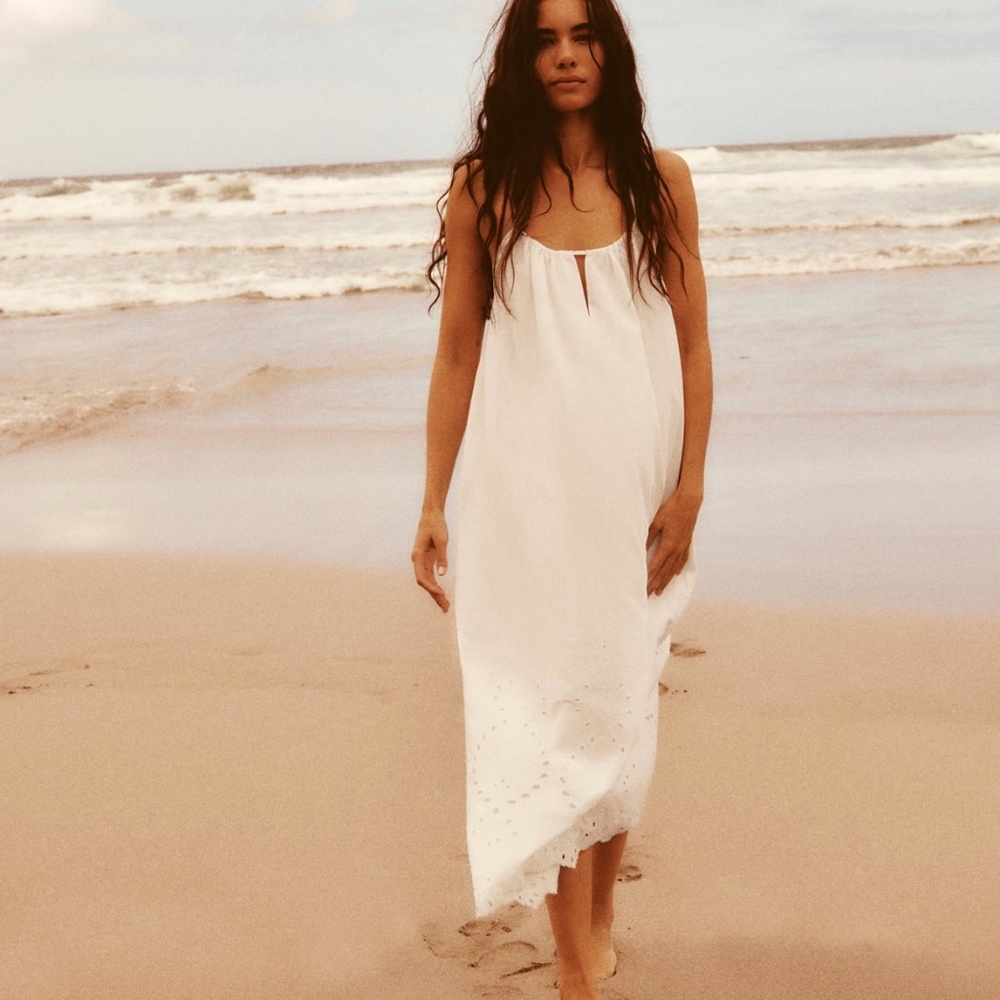 Zara White Maxi Dress with Eyelet Hem